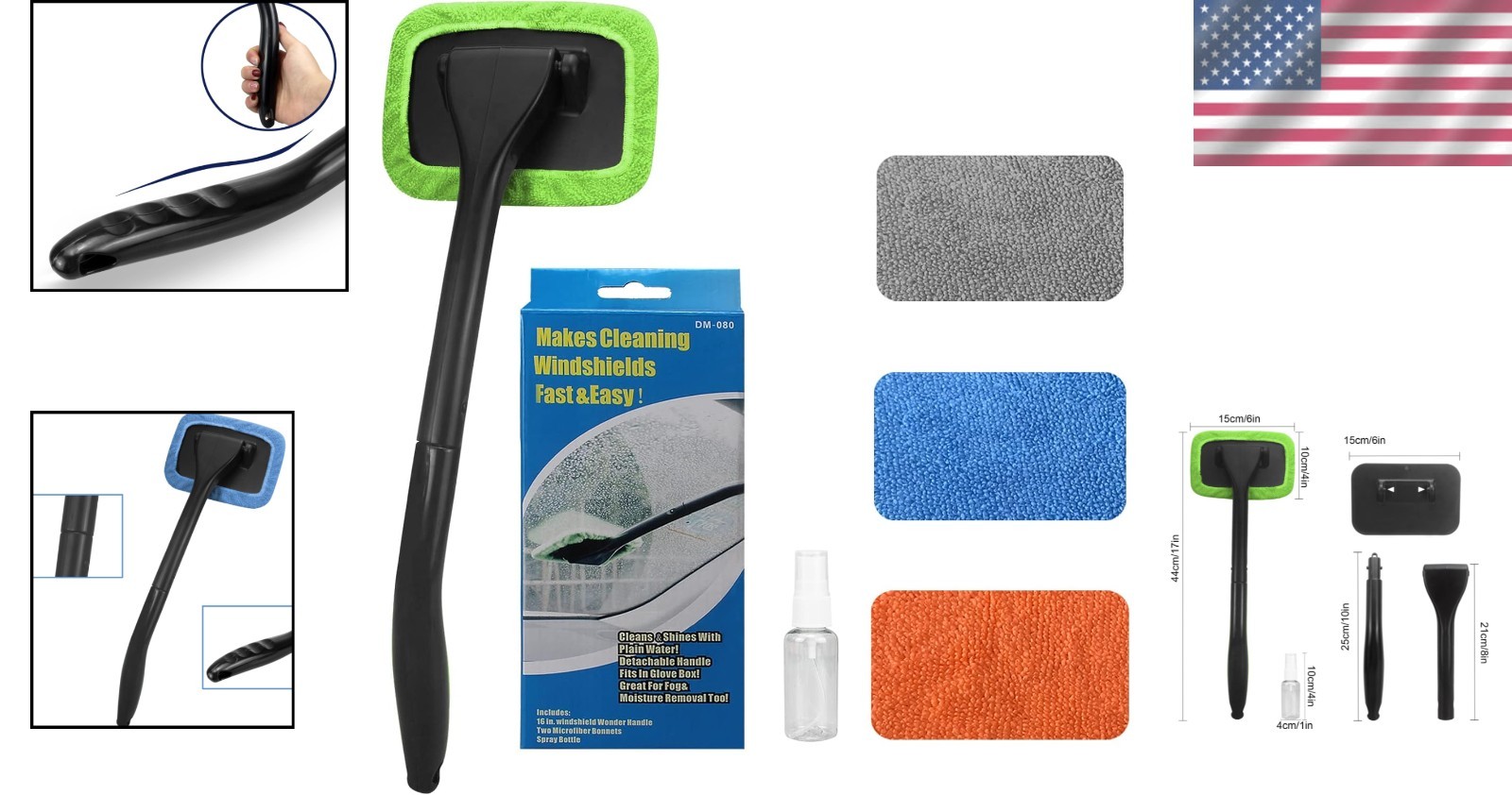Multi-Use Windshield Cleaner with Extendable Handle & 4 Reusable Microfiber Pads