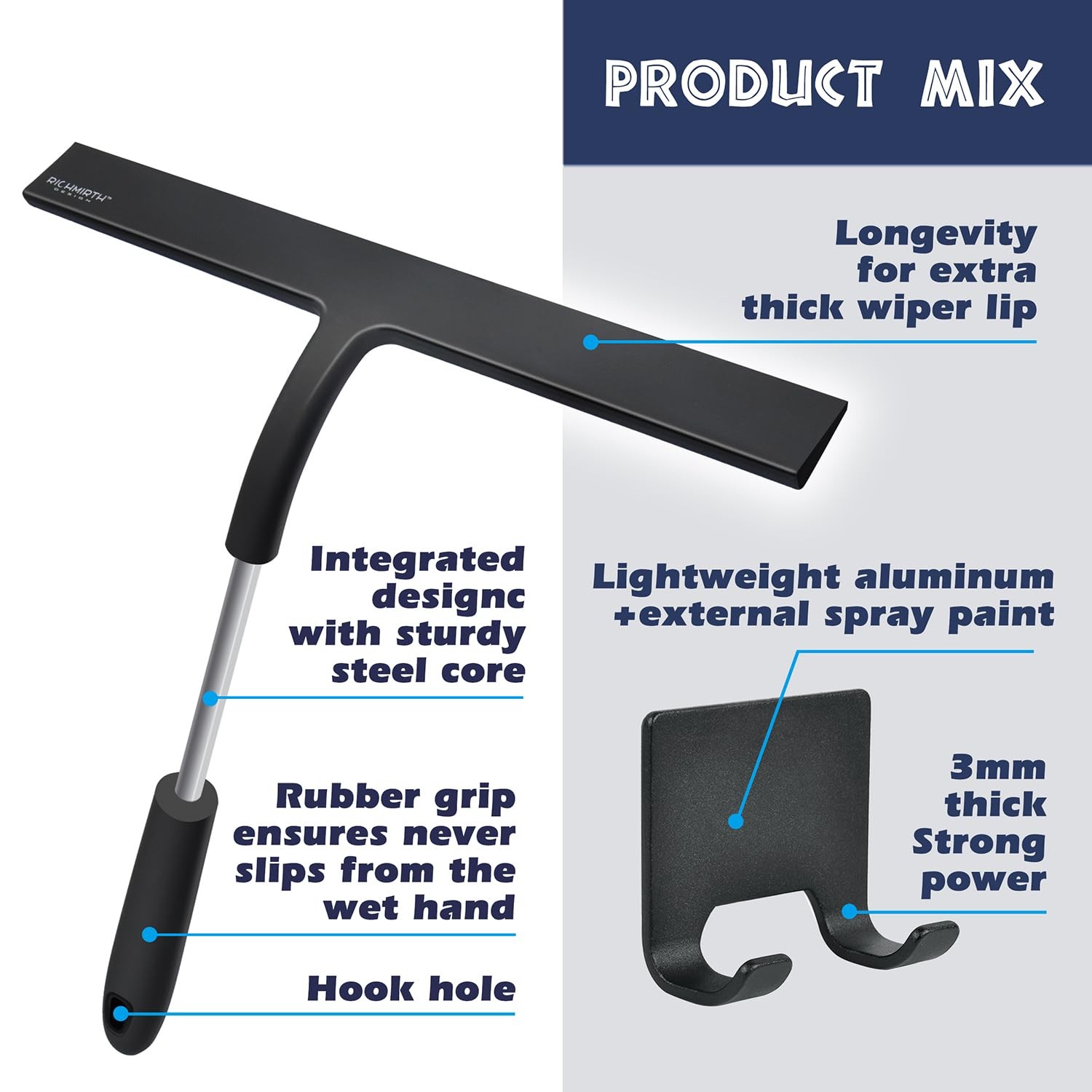 12 Inch Silicone Shower Squeegee for Glass Doors with Hook – Streak-Free Wind…