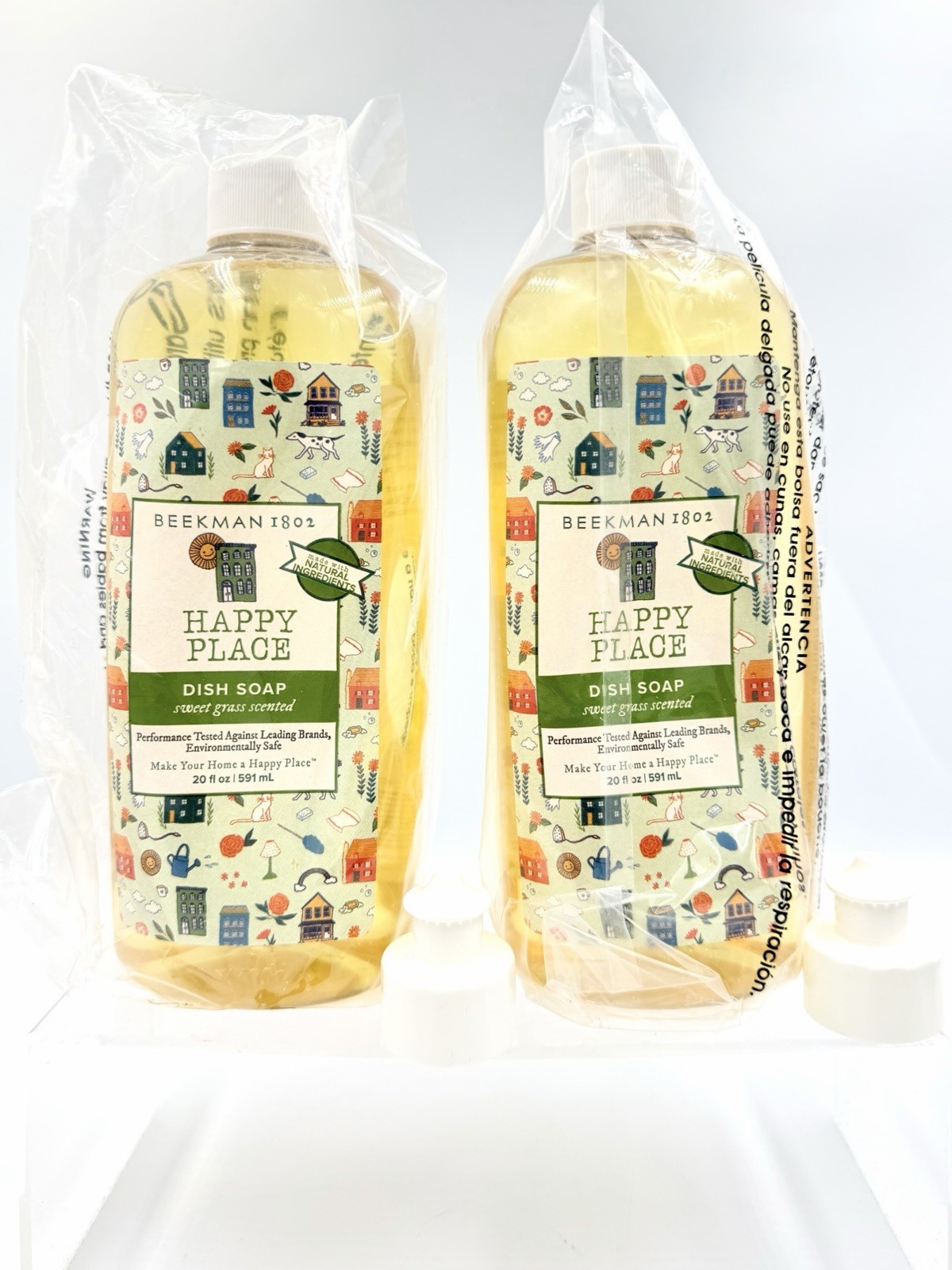 (2) Beekman 1802 Happy Place Liquid Dish Soap Sweet Grass Scent 20oz w/tops