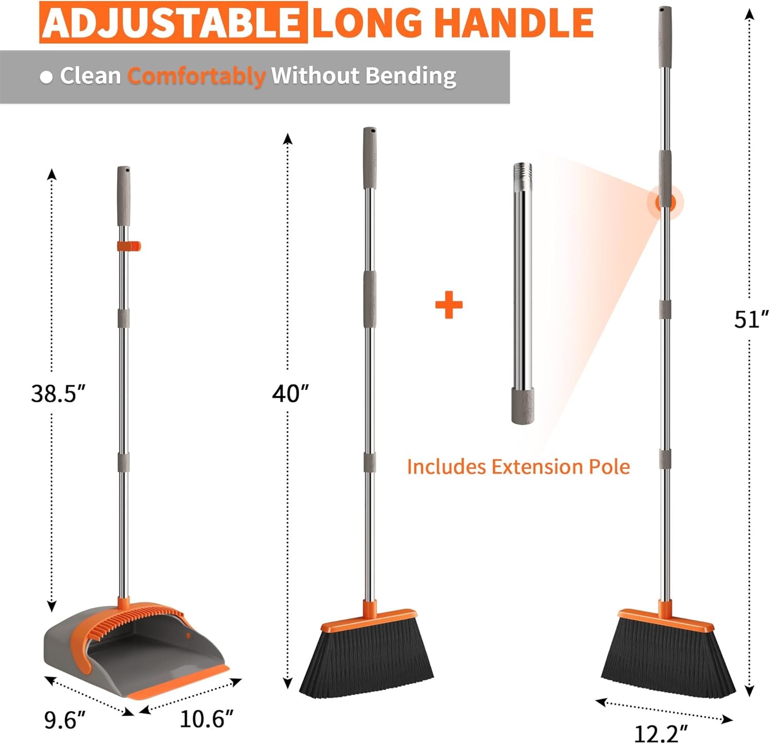 Upgraded Broom and Dustpan Set, Long Handle Standing bo with