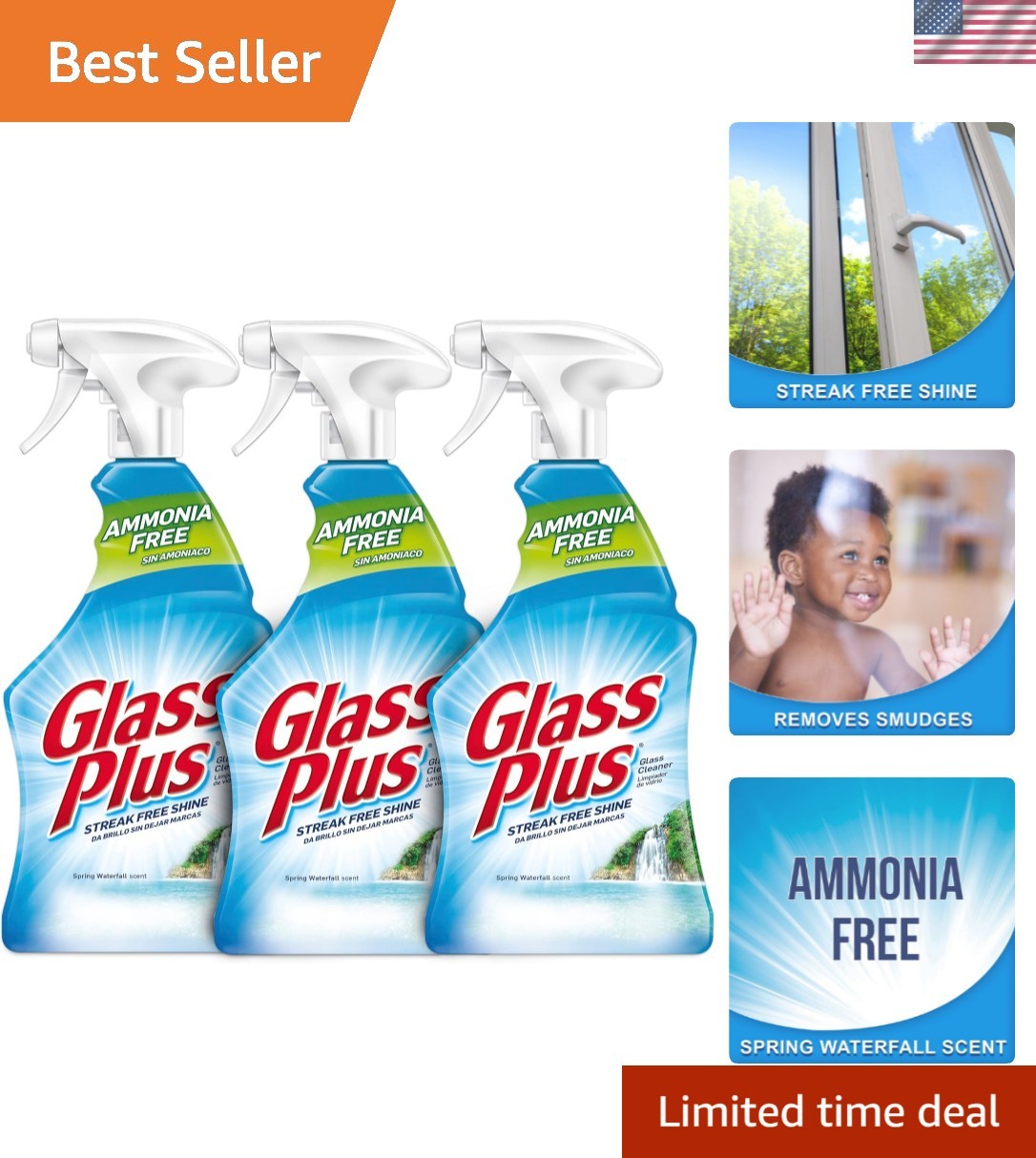 Glass Cleaner, 32 fl oz Bottle, Multi-Surface Glass Cleaner Pack of 3