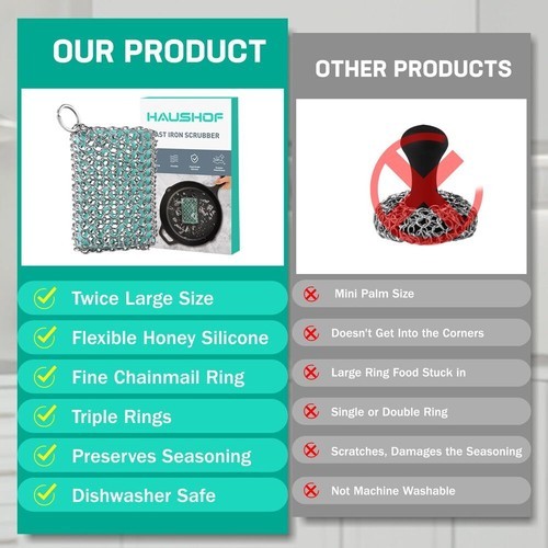 HAUSHOF Cast Iron Scrubber Chainmail Scrubber w/ Silicone Core Cast Iron Cleaner