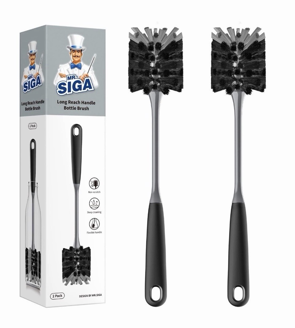 MR.SIGA Black Flexible Long Handle Bottle Brush for Bottles, Mugs, Glass, 2Pack