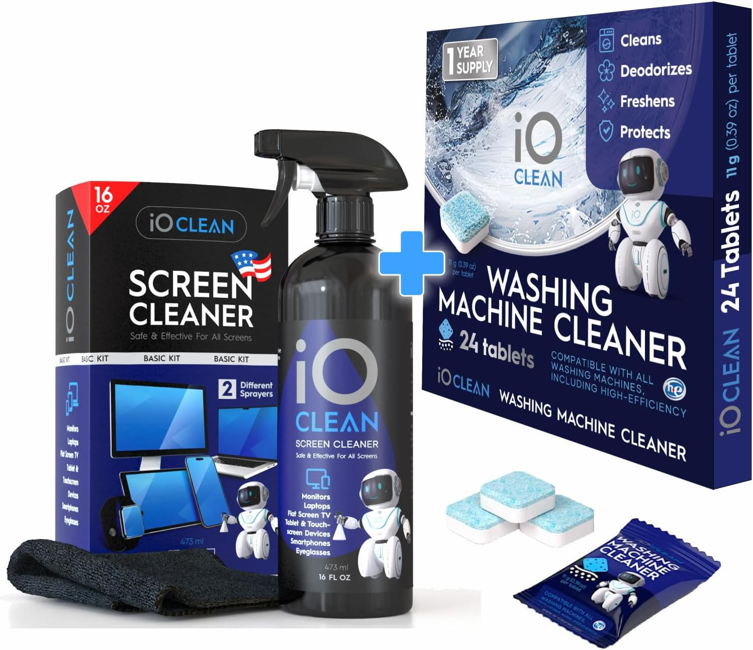 Screen Cleaner Spray (16Oz) + Washing Machine Cleaner and Descaler Tablets 24 Pc
