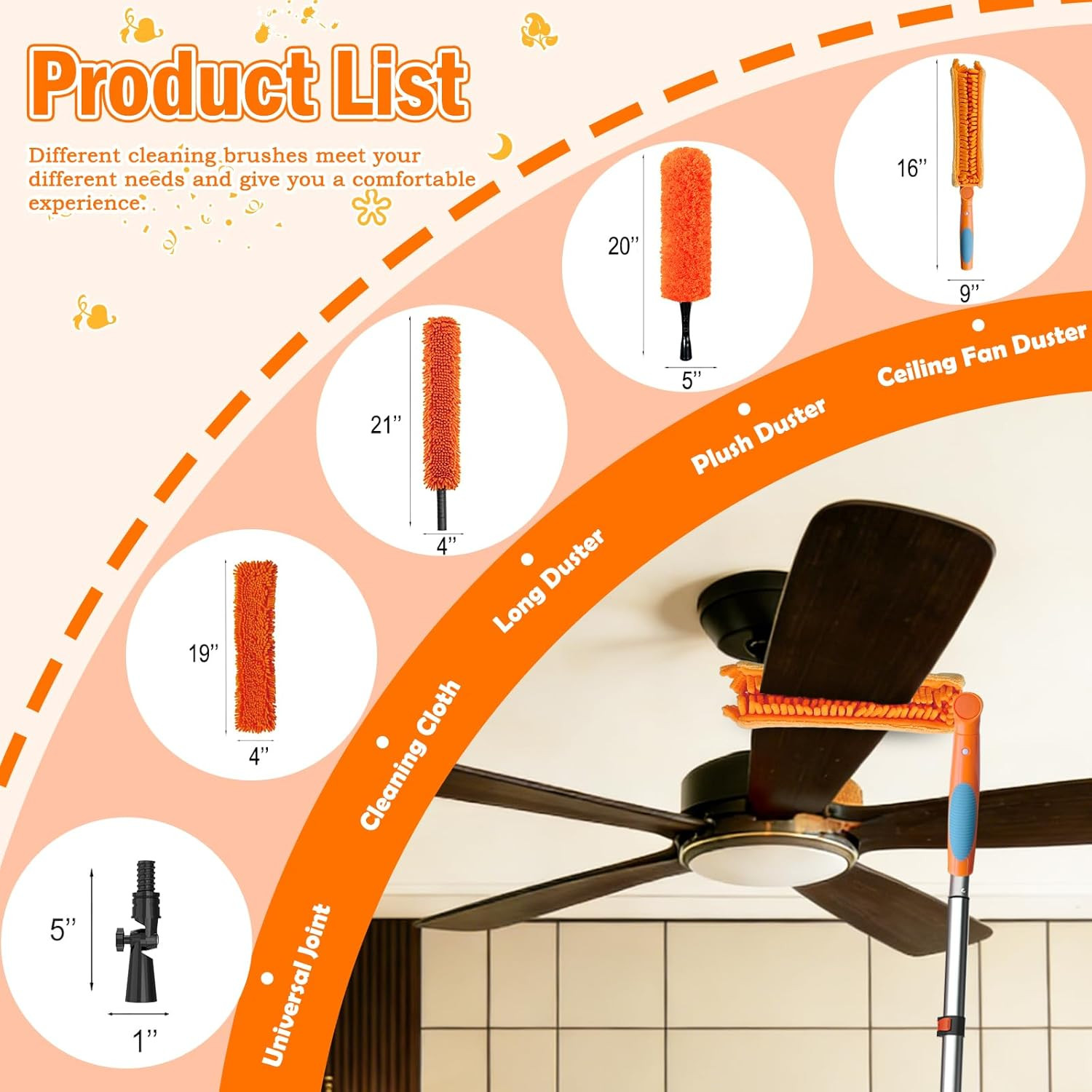 26FT Ceiling Fan Cleaner Duster Kit Extension Pole Microfiber Blade Dusting