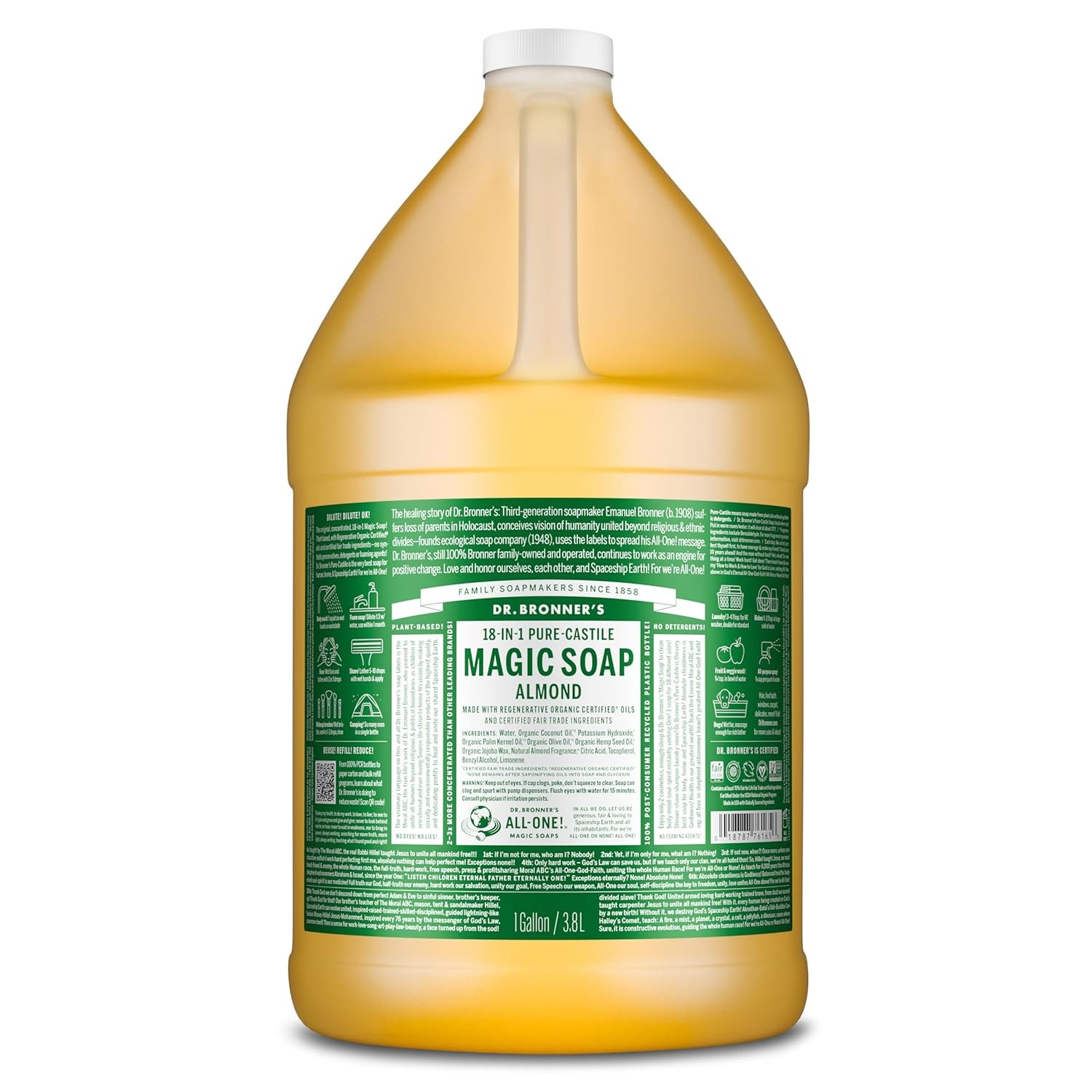 Dr. Bronner’s Pure-Castile Magic Soap Liquid (Almond, 1 Gallon) – Made with Re