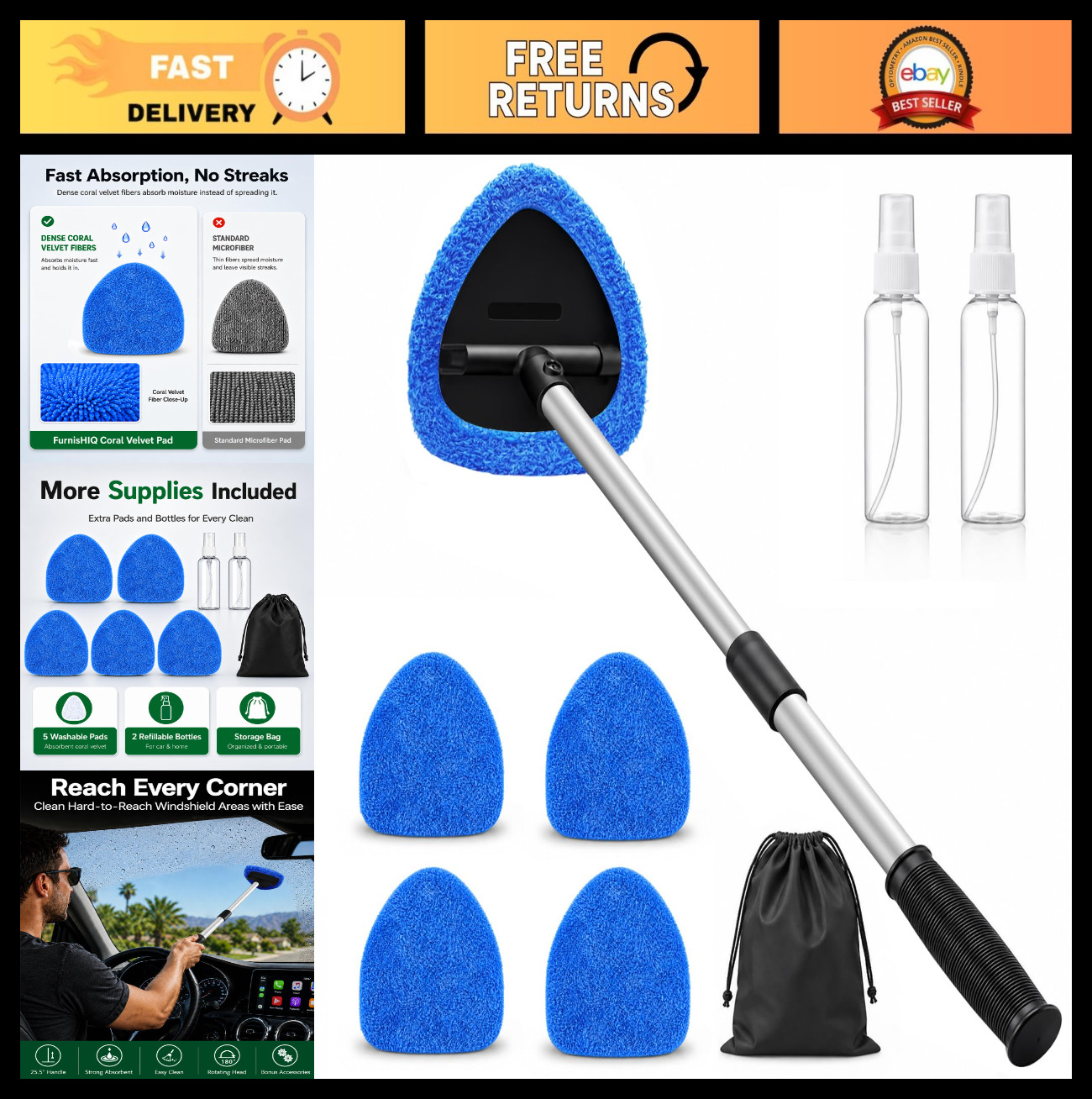 25.5” Extra-Long Windshield Cleaner Tool Kit – Super Absorbent Coral Velvet, Str