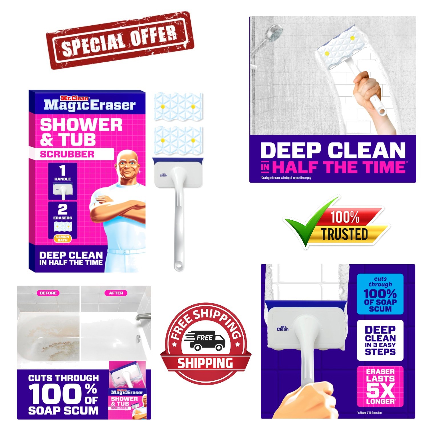 Magic Eraser Shower & Tub Scrubber, Bathroom Cleaner, All in One Bathroom Cleane