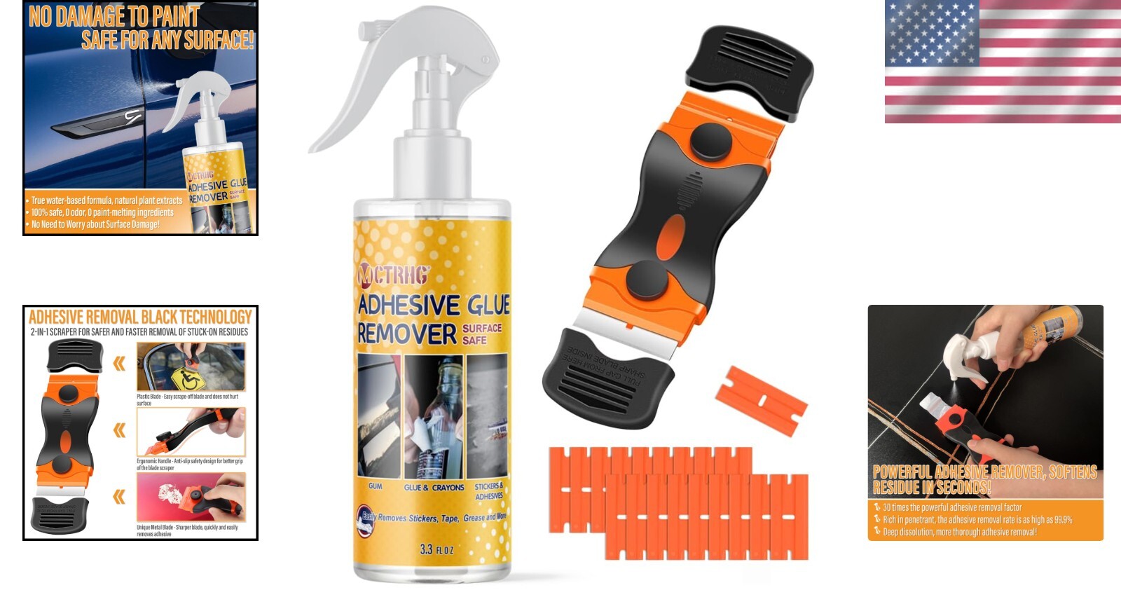 Dual-Ended Scraper & 3.3 fl.oz Adhesive Remover Spray – Safe for All Surfaces