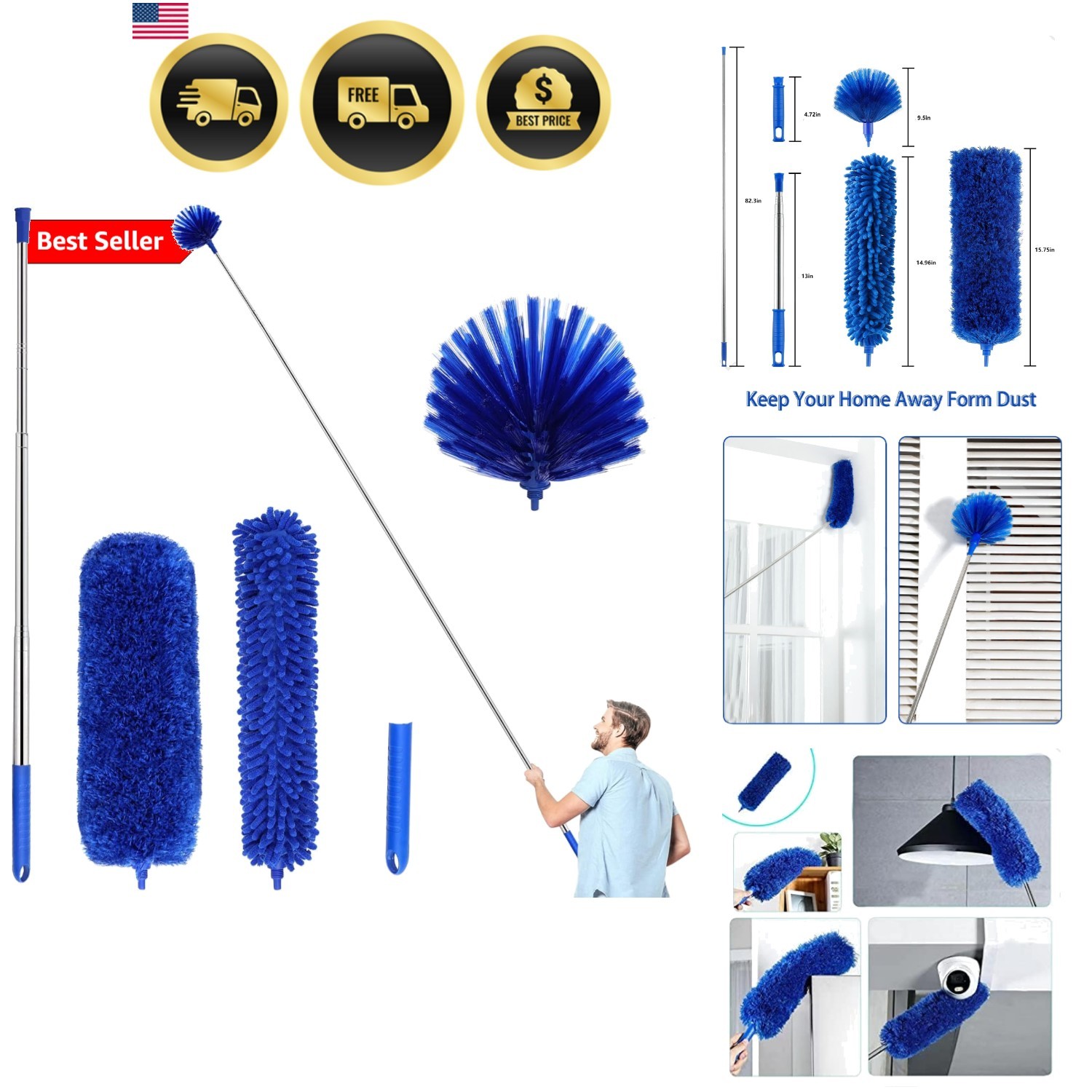 Duster, Microfiber Dusters with 2 Handle Sets, Durable 15-98.1 Inches Long Te…