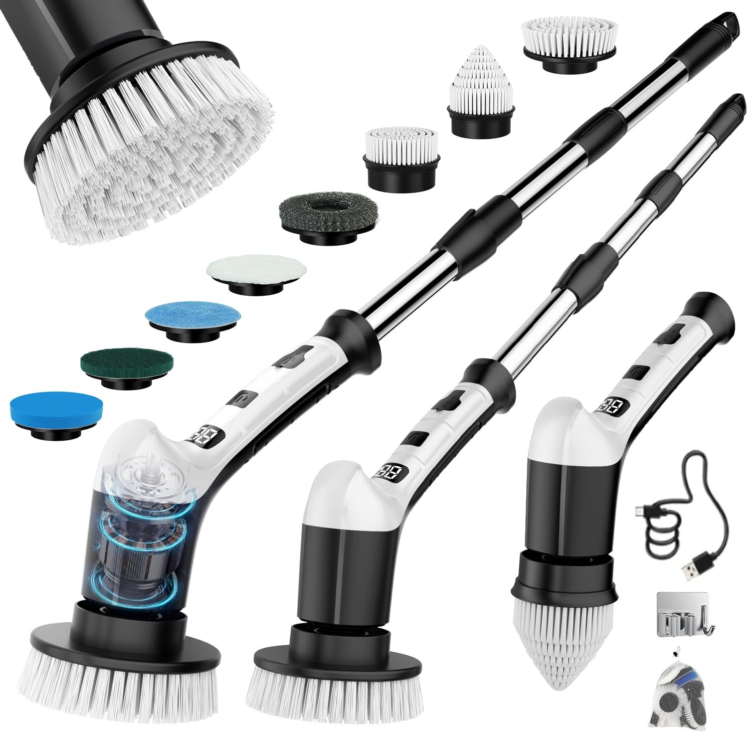Spin Scrubber with 3 Speed, Adjustable Extension Handle, 8 Brush Heads,Cordle…