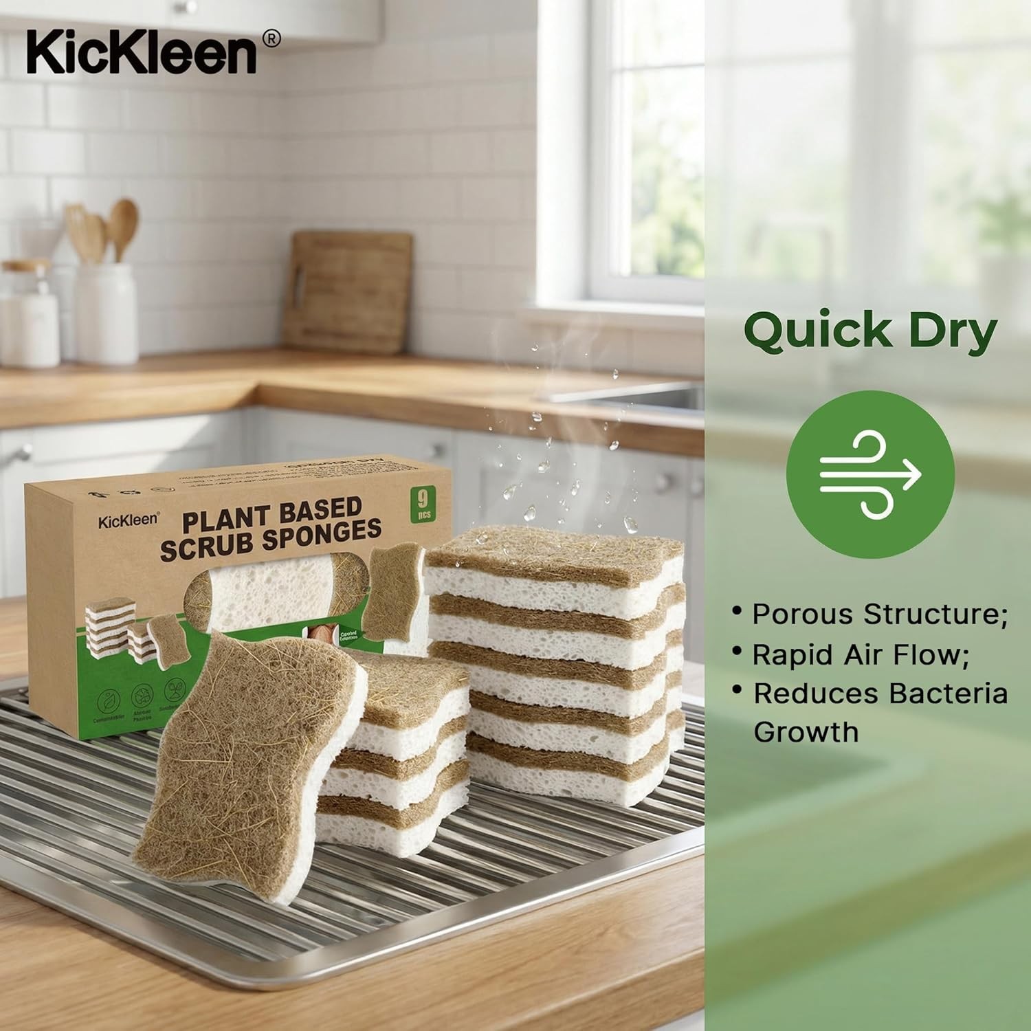 9 Pack Kickleen Biodegradable Natural Kitchen Sponges – Compostable Cellulose