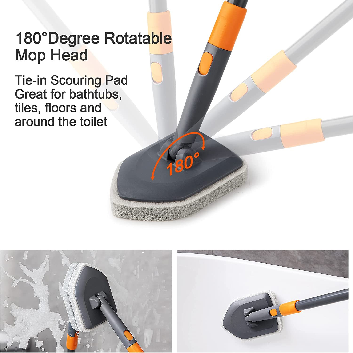 Tile Tub Scrubber Brush w/3 Different Function Cleaning Heads & 56″ Extendable H