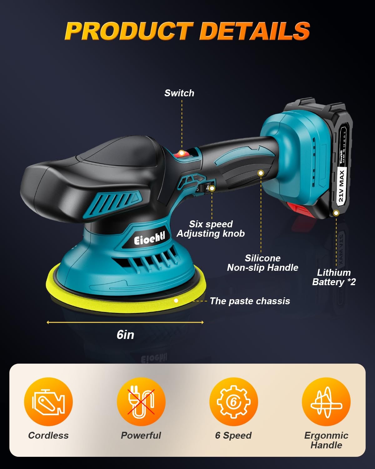 Cordless Car Buffer Polisher Kit, 6″ Dual Action Random Orbital Polisher, 6 V…