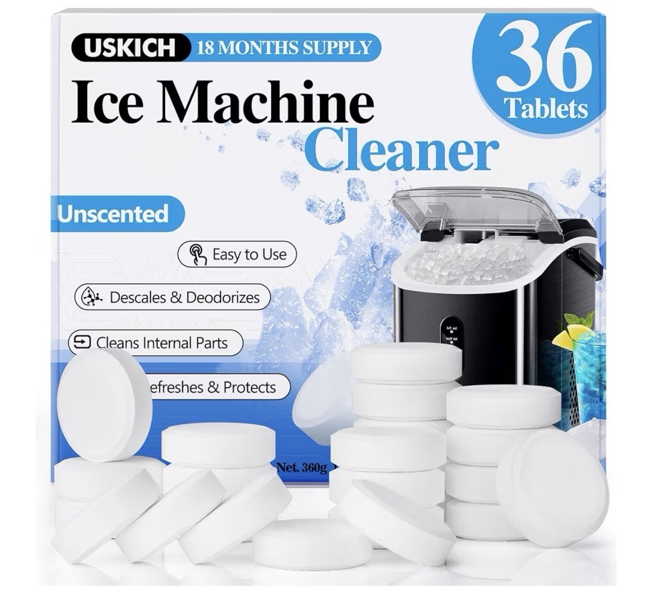 USKICH Ice Machine Cleaner Tablets 36 Pack Unscented 360g Descaler Non Toxic