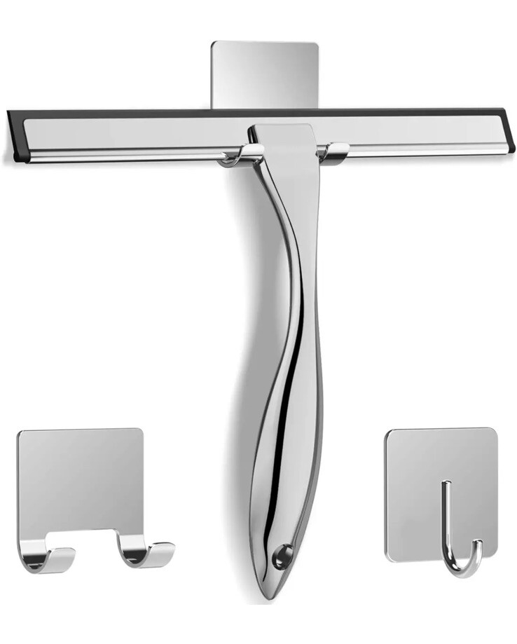 All-Purpose Stainless Steel Shower Squeegee for Shower Glass Door w/ 2 Adhesive