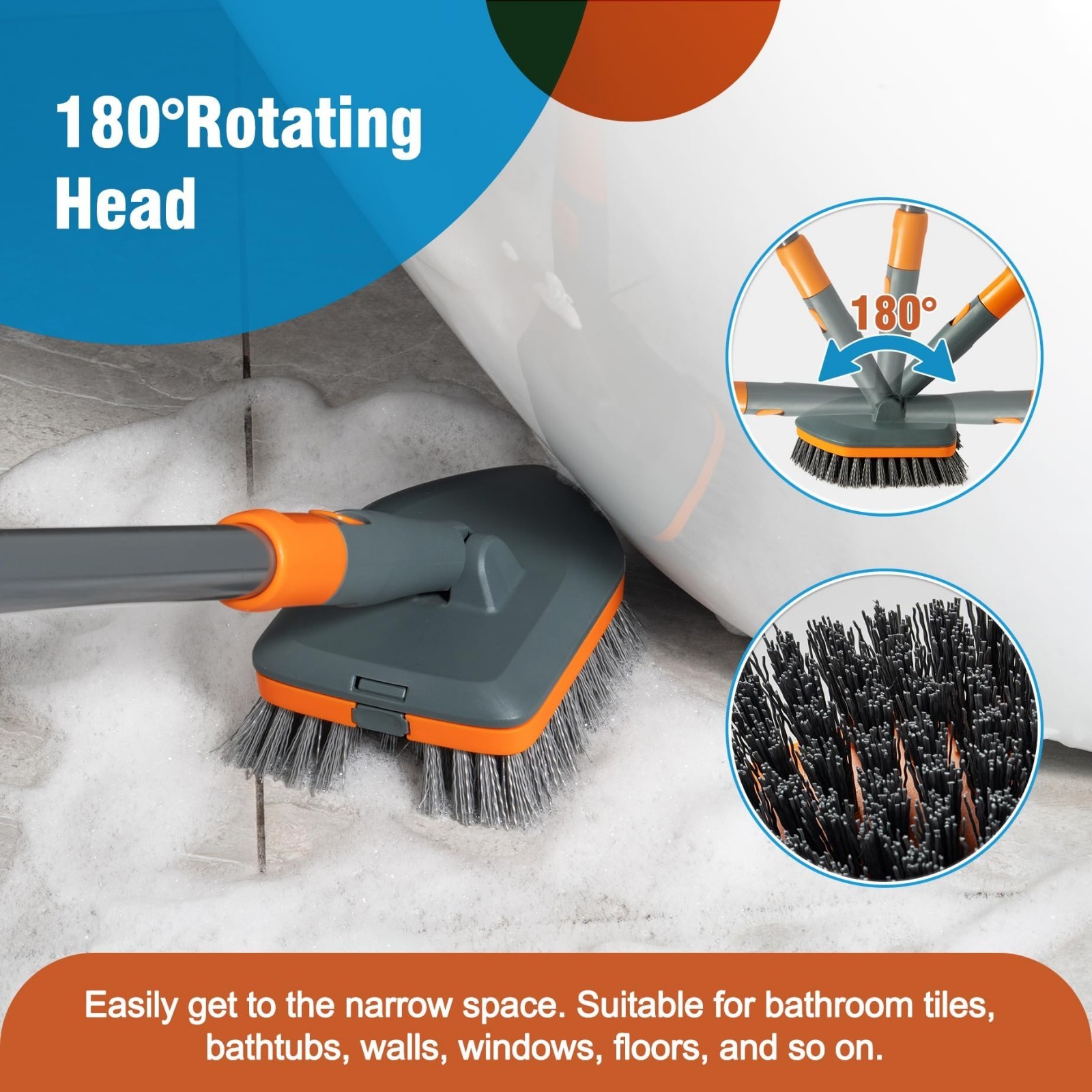 Multi-Purpose Floor Scrub Brush with 4 Cleaning Heads & 56″ Extendable Handle –