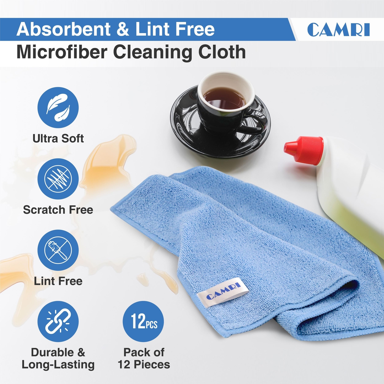 CAMRI Microfiber Towel Cleaning Cloth – Pack of 12, Size 12.6” x 12.