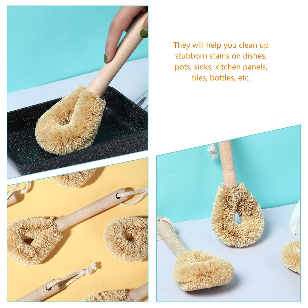 2pcs Kitchen Pot Brush Natural Bristle Wooden Handle Utensil Cleaning Brush