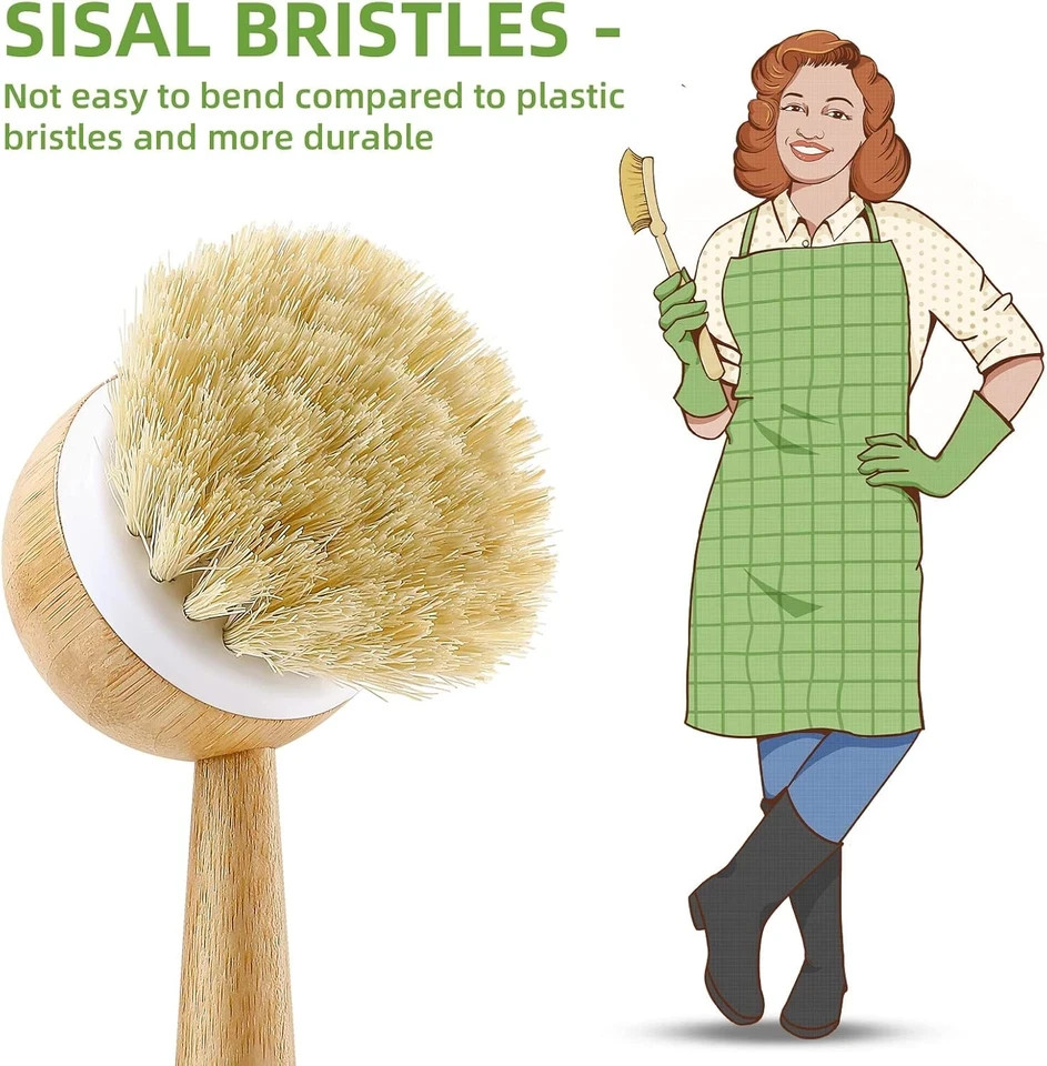 Dish Brush With Handle Natural Bamboo Dish Scrubber Brush Kitchen Dishwashing Br