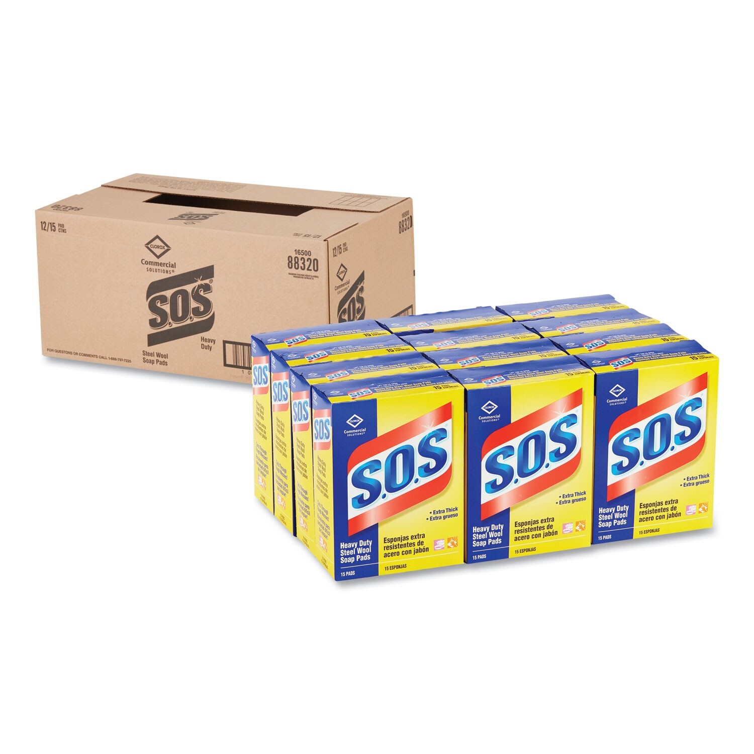S.O.S. Steel Wool Soap Pads, 2.4 x 3, Steel, 15 Pads/Box, 12 Boxes/Carton