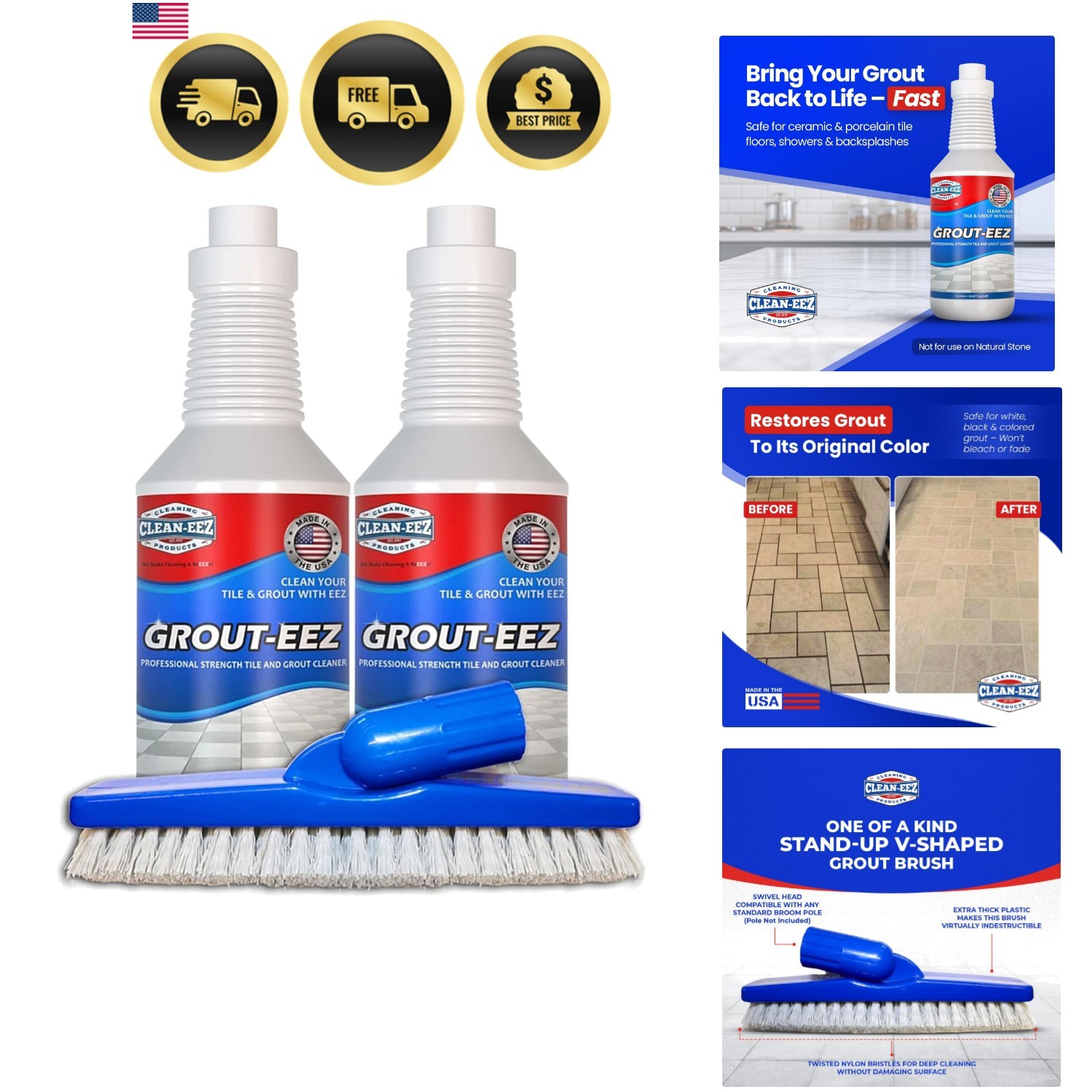 Clean-eez Grout Cleaner 2 Pack with Stand-Up Brush Attachment – Stain Remover…
