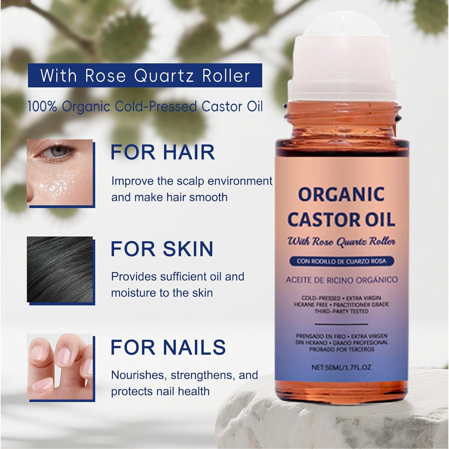 100% Organic Castor Oil Roll On with Rose Quartz Roller, Cold Pressed