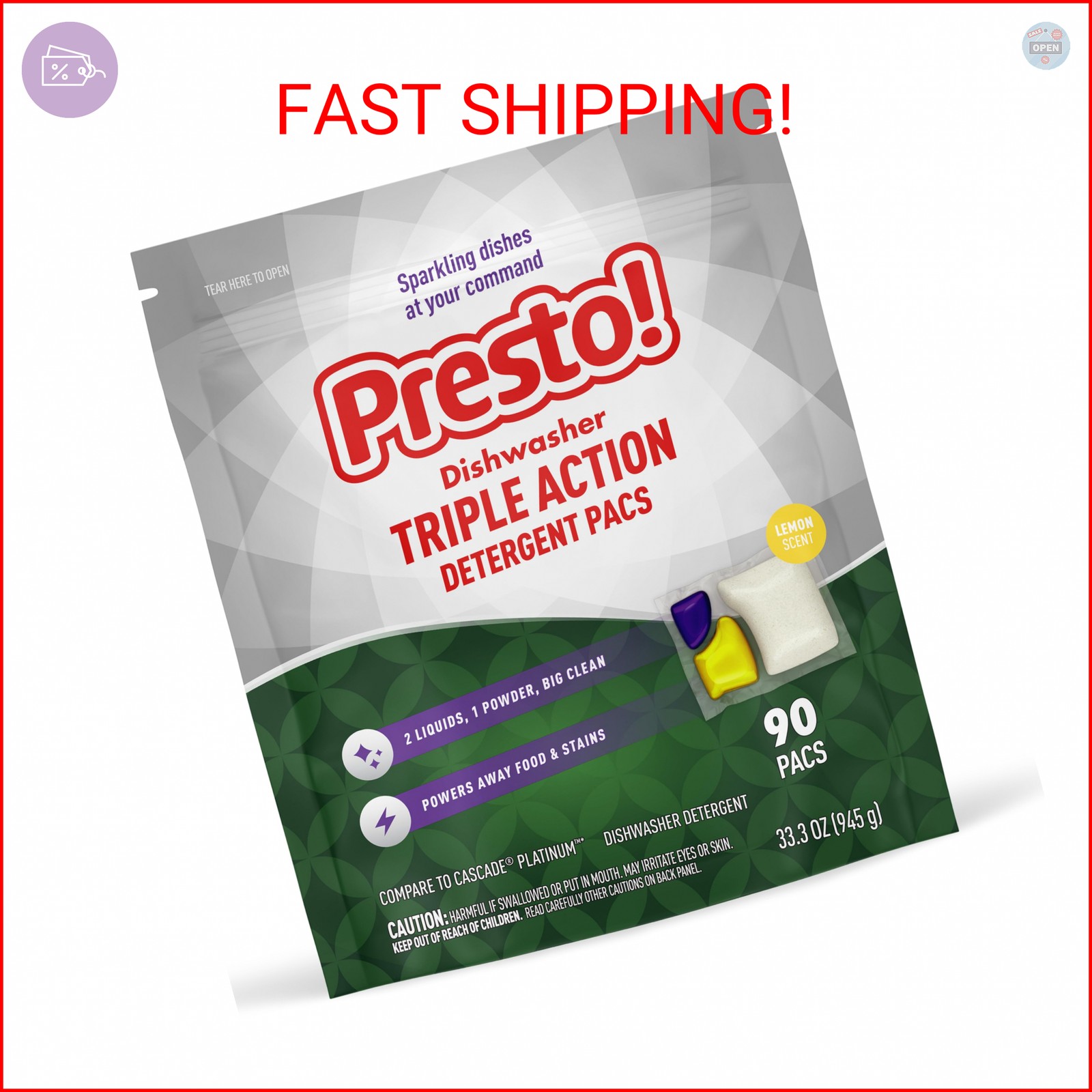 Amazon Brand – Presto! Triple Action Dishwasher Pacs, Lemon Scent, 90 Count