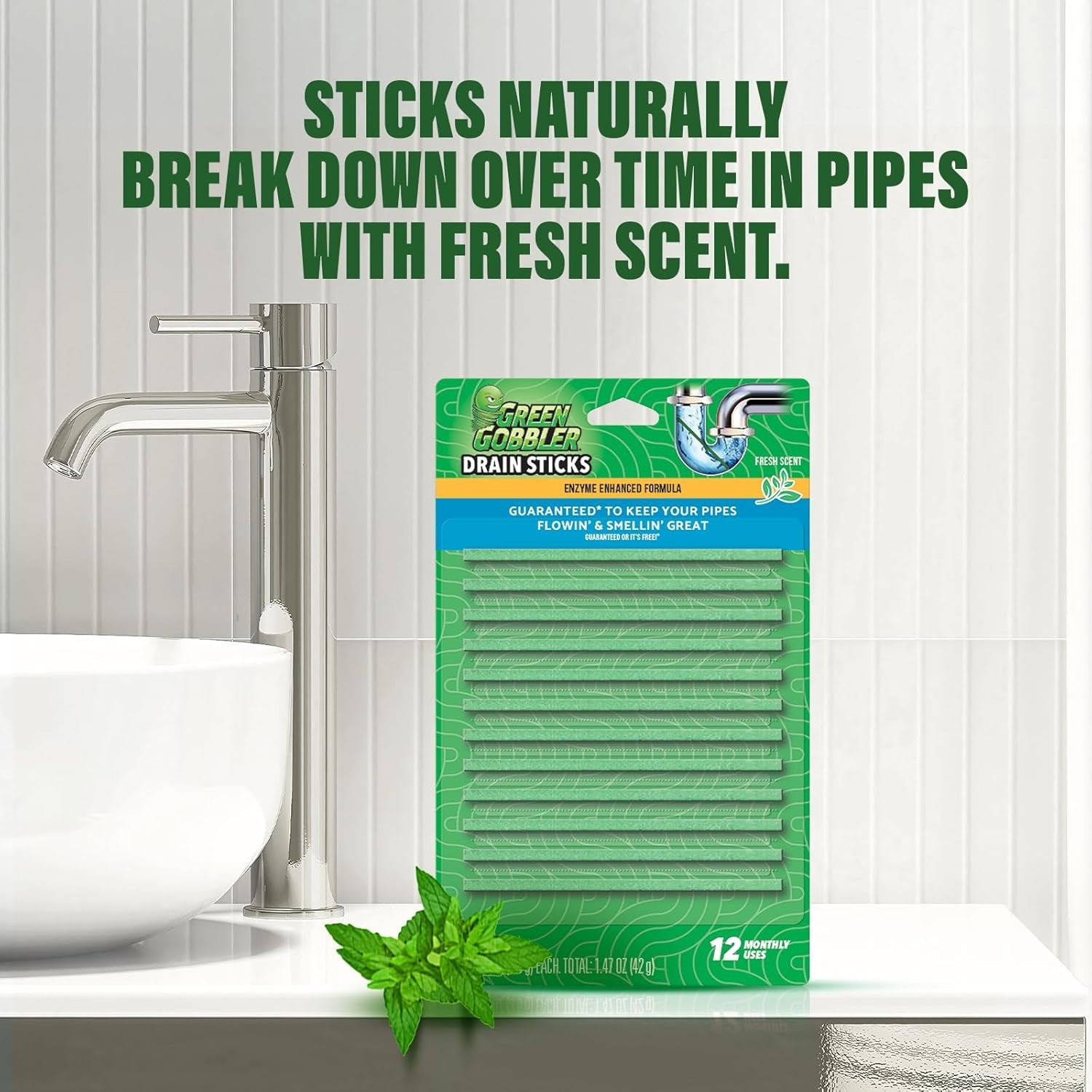 Green Gobbler Bio-Flow Drain Cleaning and Deodorizing Strips Lemon Scent 12-Pk