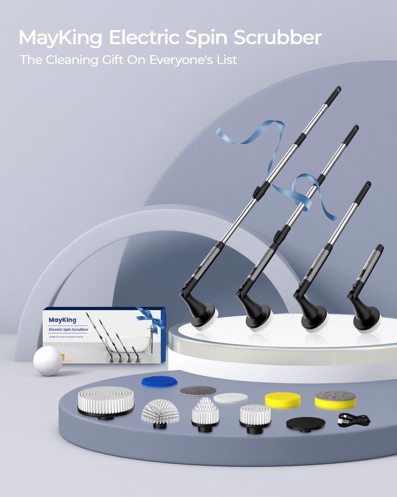 MayKing Electric Spin Scrubber with 9 Brush Heads, 3-Angle & 4-Length Adjusta…
