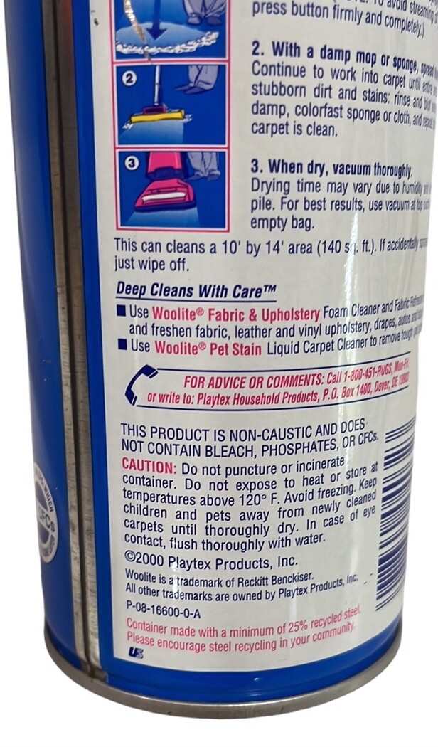 Vintage 2000 WOOLITE Foam Carpet Cleaner~Heavy Traffic~NOS 22oz~Use/Prop**READ**