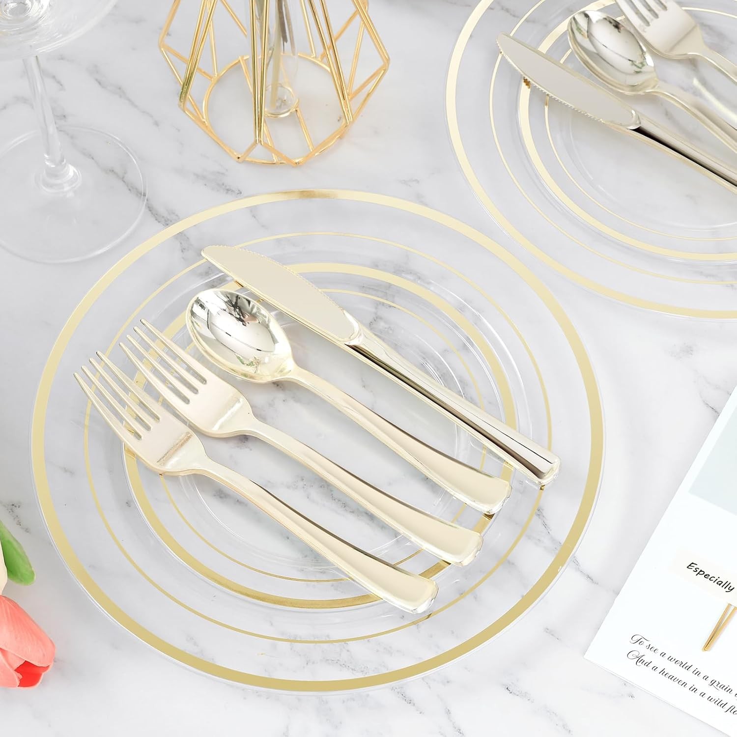 BESTVIP 600PCS Clear Gold Plastic Plate Set (100 Guests), Plastic Plates for P