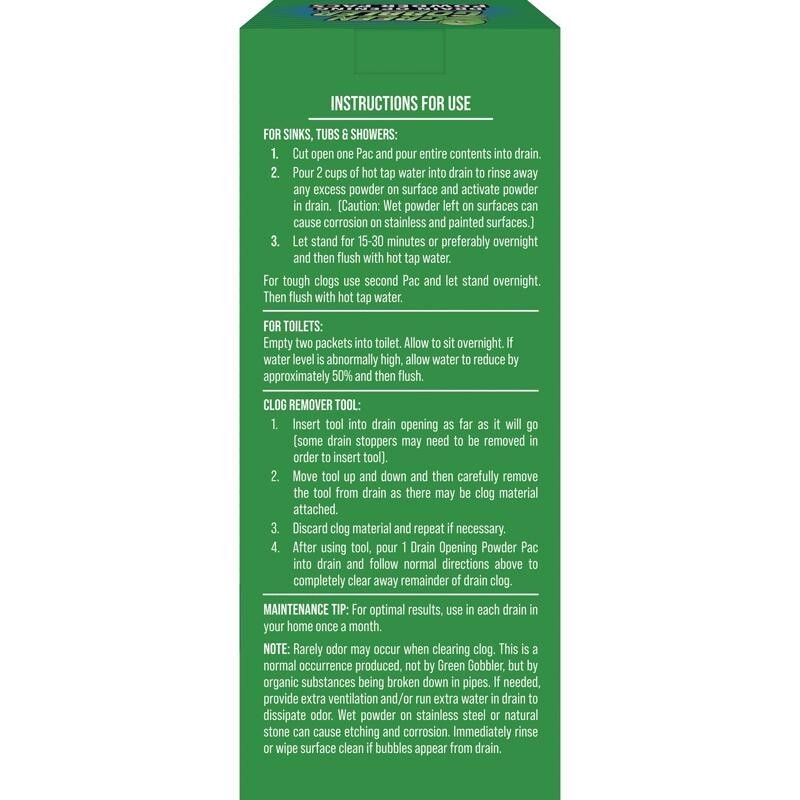 GREEN GOBBLER Granular Drain Opener Clog Remover 3 Packets Sink Bathtub