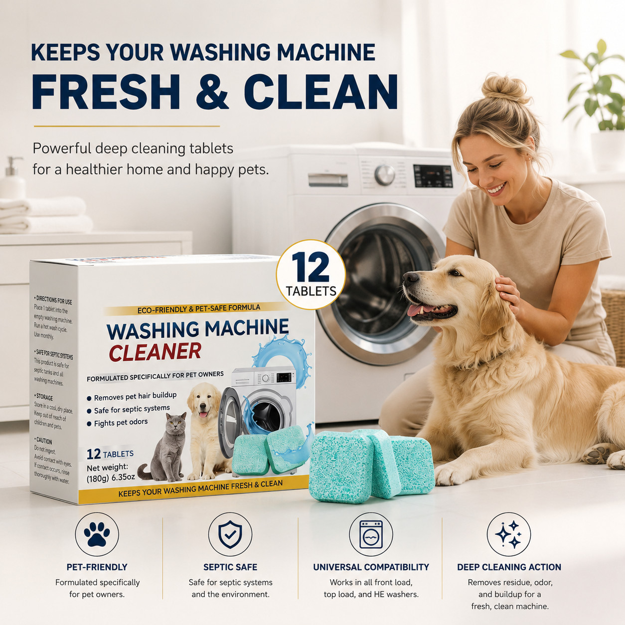 Washing Machine Cleaner Tablets for Pet Owners Deep Clean Odor Remover 12 Pack