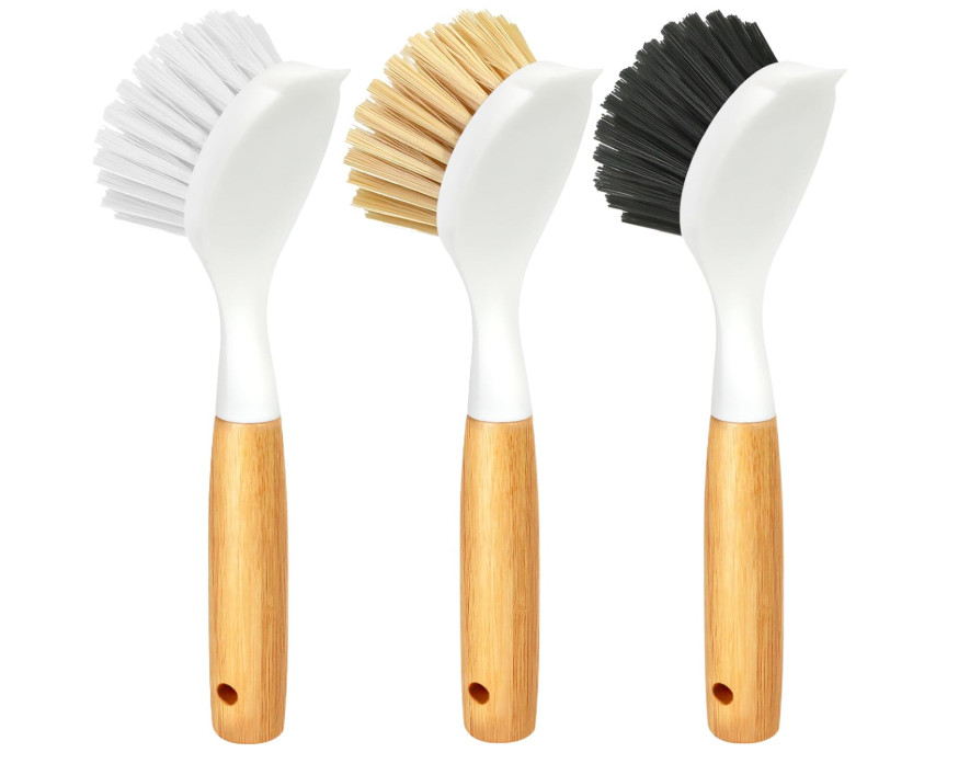 Holikme 3 Pack Dish Brush Set Bamboo Handle for Pot Sink Stove Cleaning