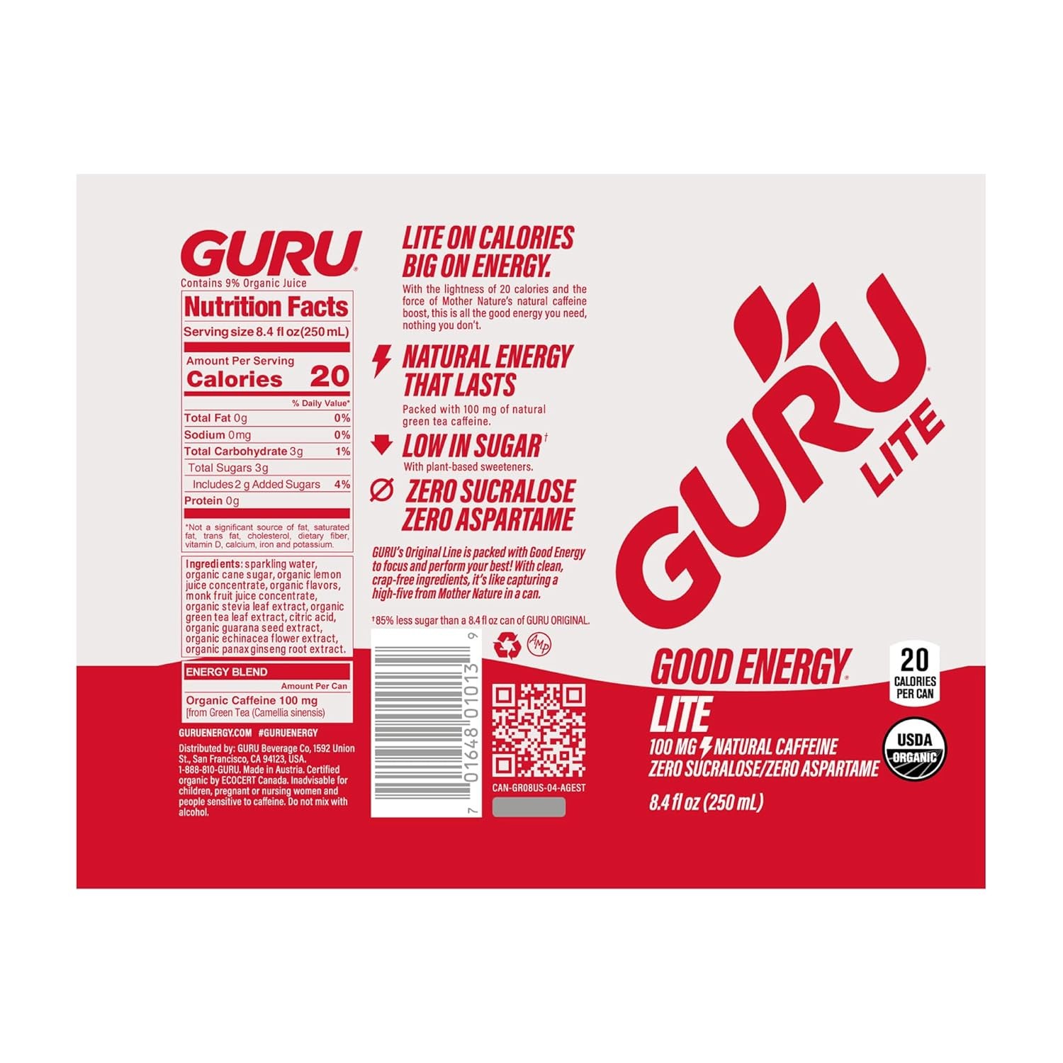 GURU Energy Drink Lite, Organic Sparkling Energy Drink with Real Fruit Juice,