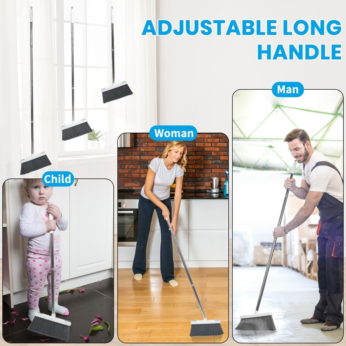 Stand Up Dustpan and Broom Set 50” Long Handle Broom with Dust Pan, 20°