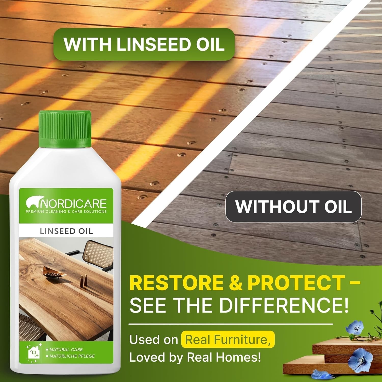 Linseed Oil for Wood 100% Pure Natural Wood Finish & Sealer for Indoor Furniture