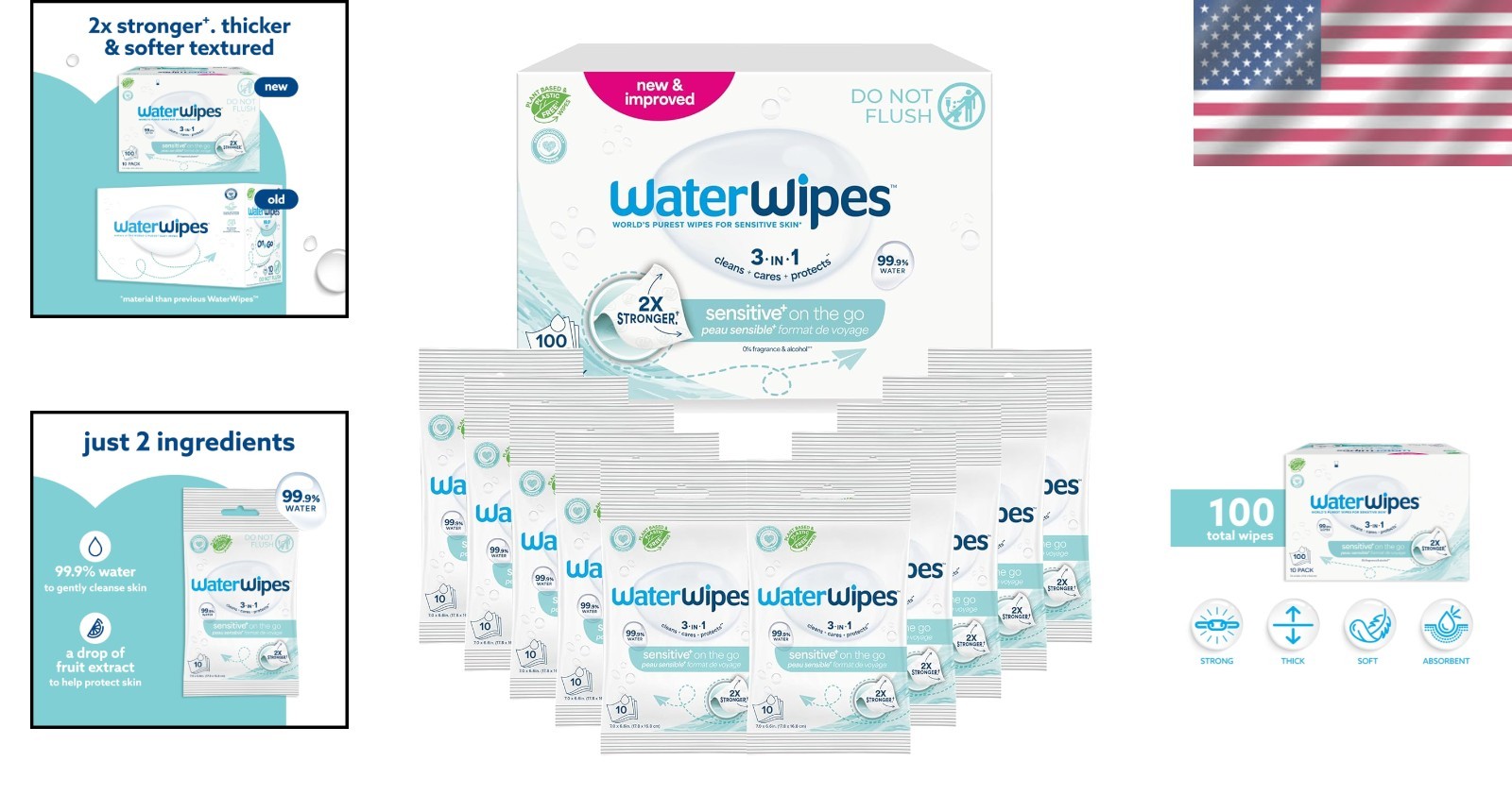 3-in-1 Hypoallergenic Disposable Wipes – 99.9% Water, Travel Size Pack of 10