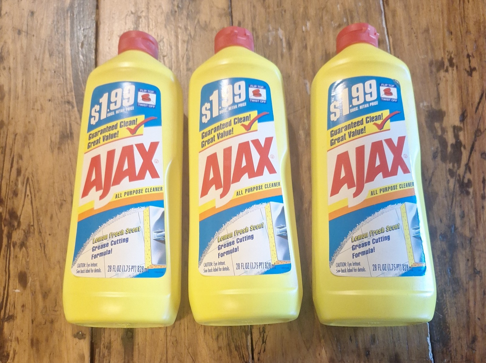 3 Vtg Ajax All Purpose Cleaner Lemon Scent 28oz New Sealed Made in USA, Dual Cap