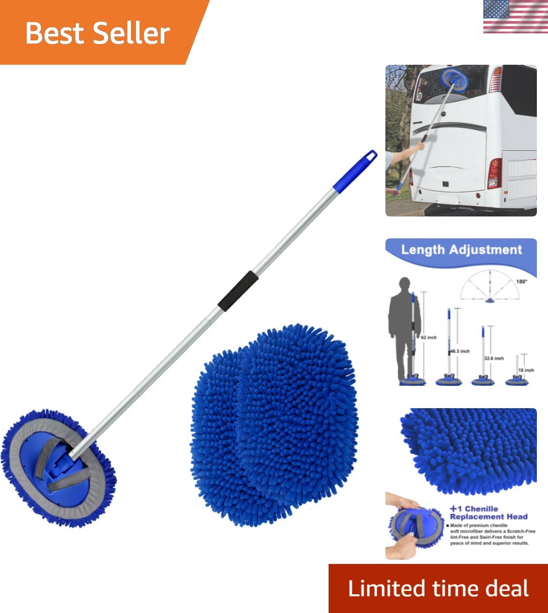 62″ Microfiber Car Wash Brush with Long Handle Car Washing Mop Kit Mitt Spong…