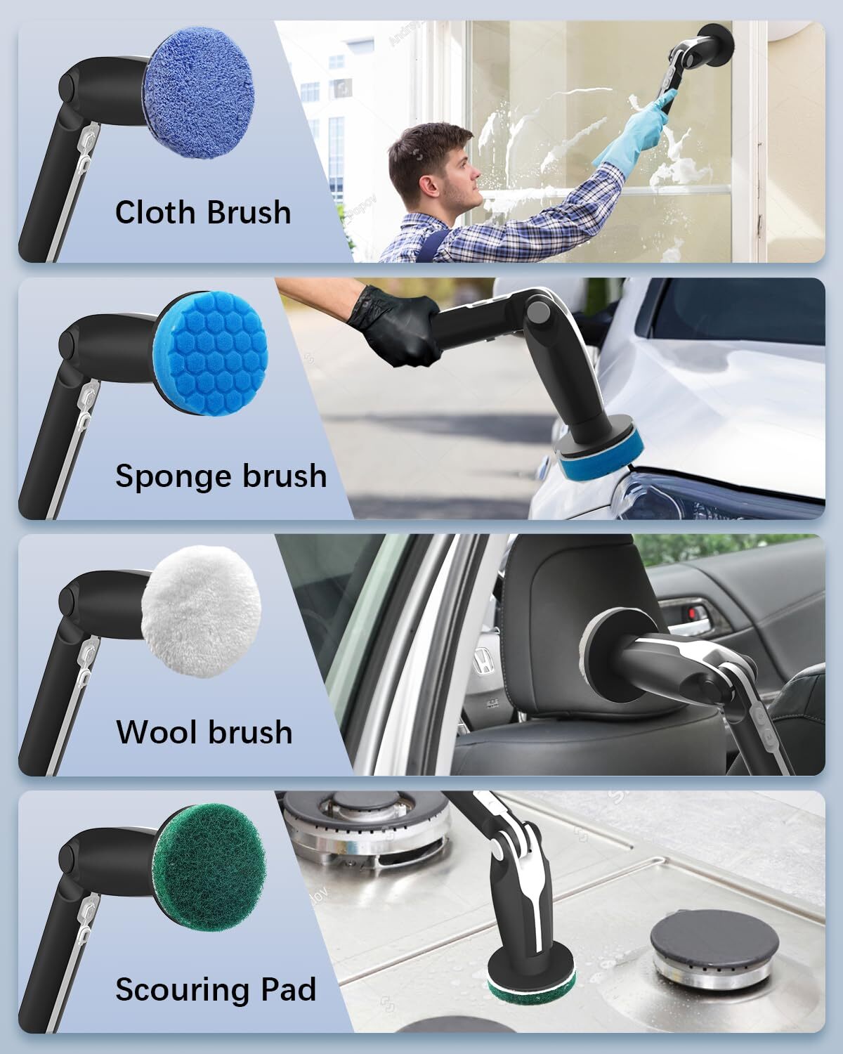 ELECTRIC SPIN SCRUBBER W/8 Replaceable Brush Heads Long Handle Black LEEBEIN