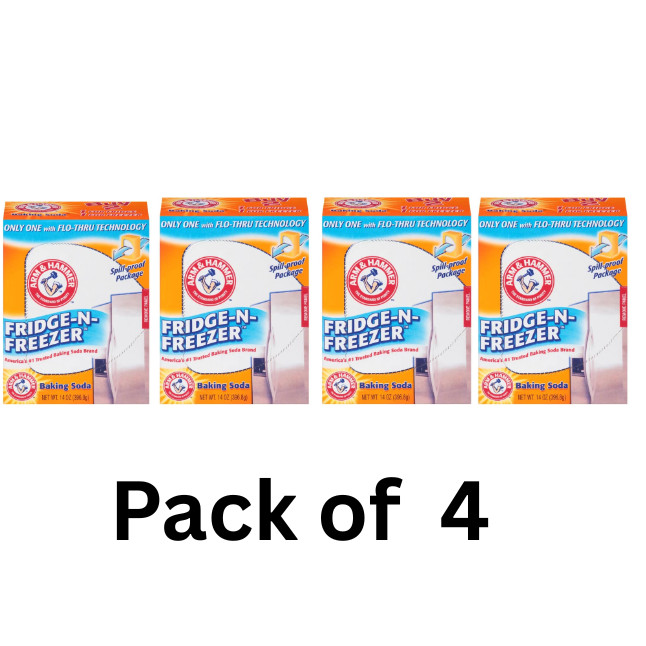 A 4 PACK Arm & Hammer Baking Soda Fridge-n-Freezer Odor Absorber, 14 oz Each box