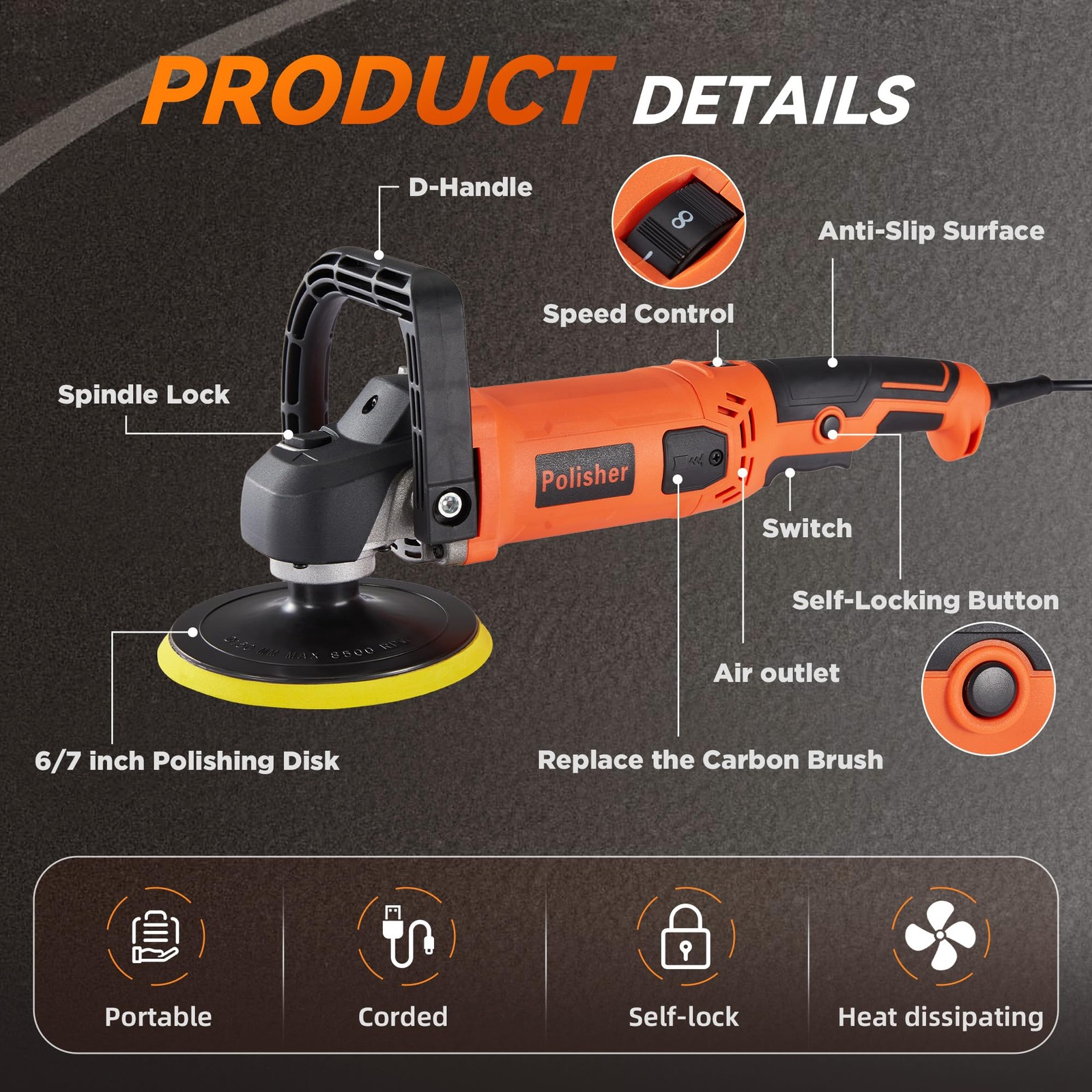 Buffer Polisher, 1600W 7 in 6 in Rotary Waxer, 8 Variable Speeds 500-3600 RPM