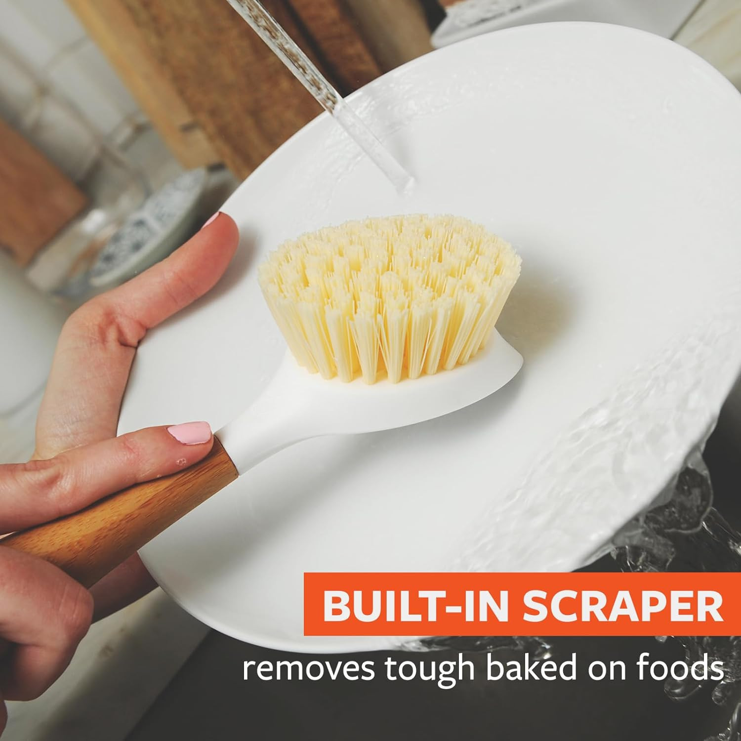 Bamboo Handle Dish Brush Tough Bristles Sustainable Kitchen Scrubber White(70