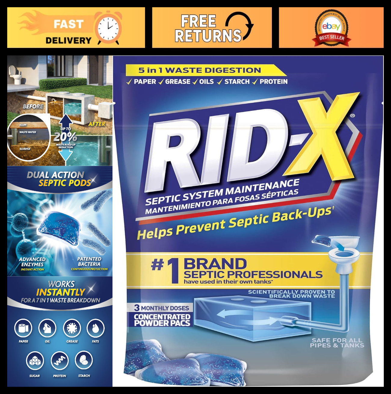 Septic Tank Treatment System, Rid-X Formula, 3.2 oz, Fast Acting, Odor Control