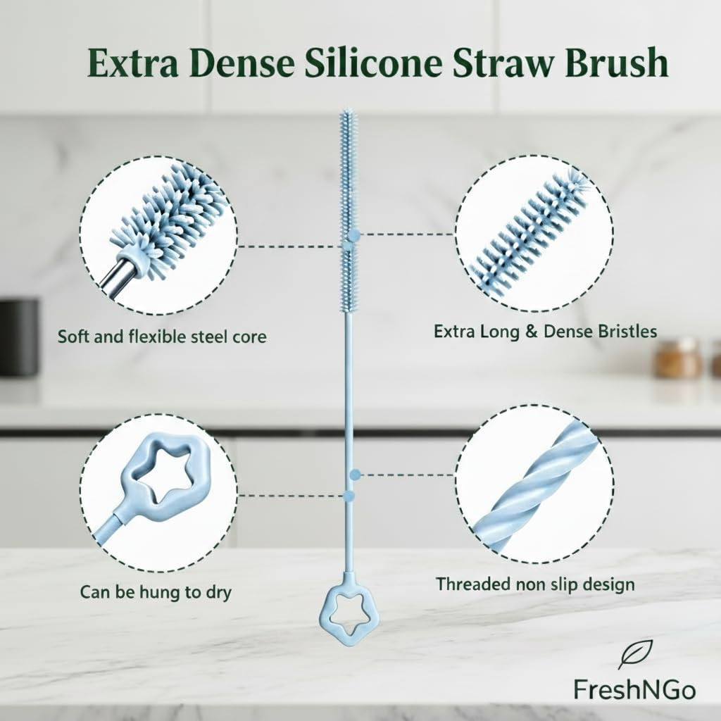 Silicone Straw Cleaner Brush, 4-Pcs Reusable Extra-Long Brush for Cleaning Metal