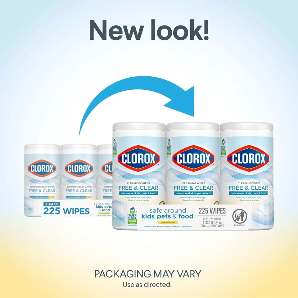 Free & Clear Cleaning Wipes Light Lemon Scent 75 Count Pack of 3 (Pack May Vary)