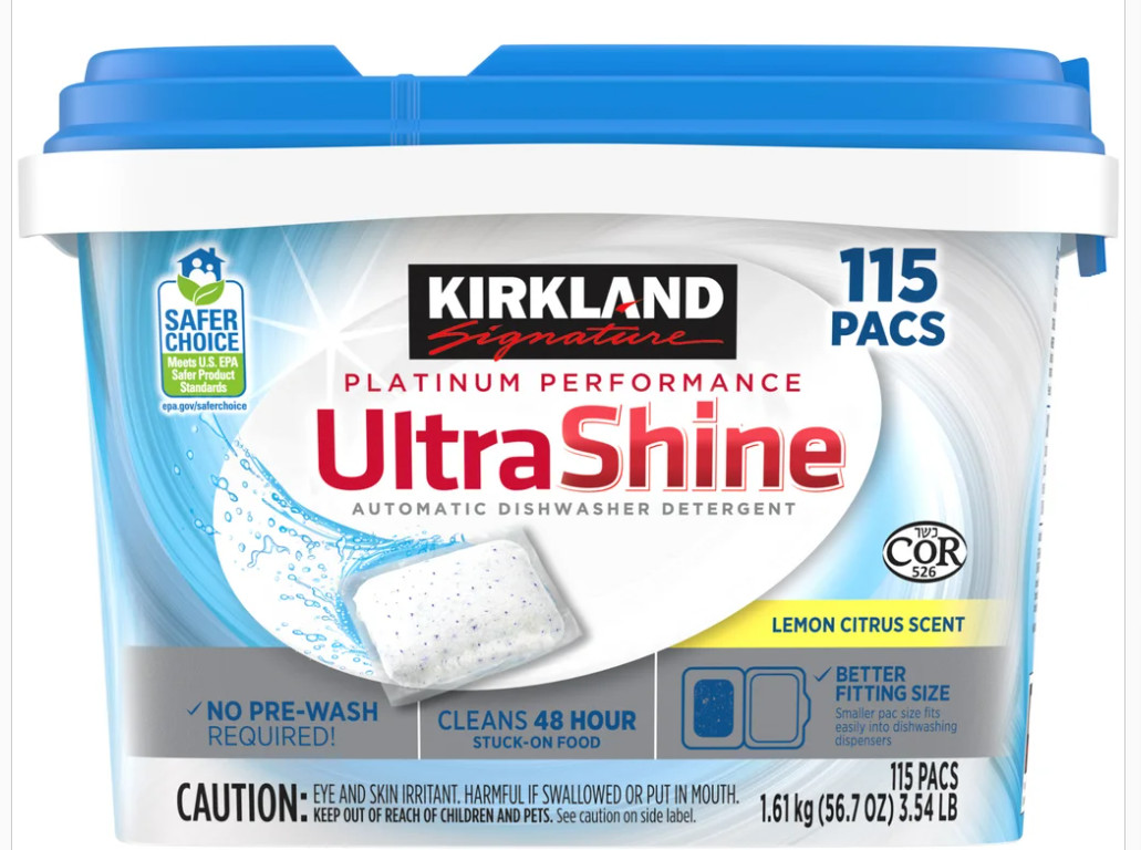Kirkland Signature Premium Dishwasher Detergent Pacs, 115 Counts Lemon