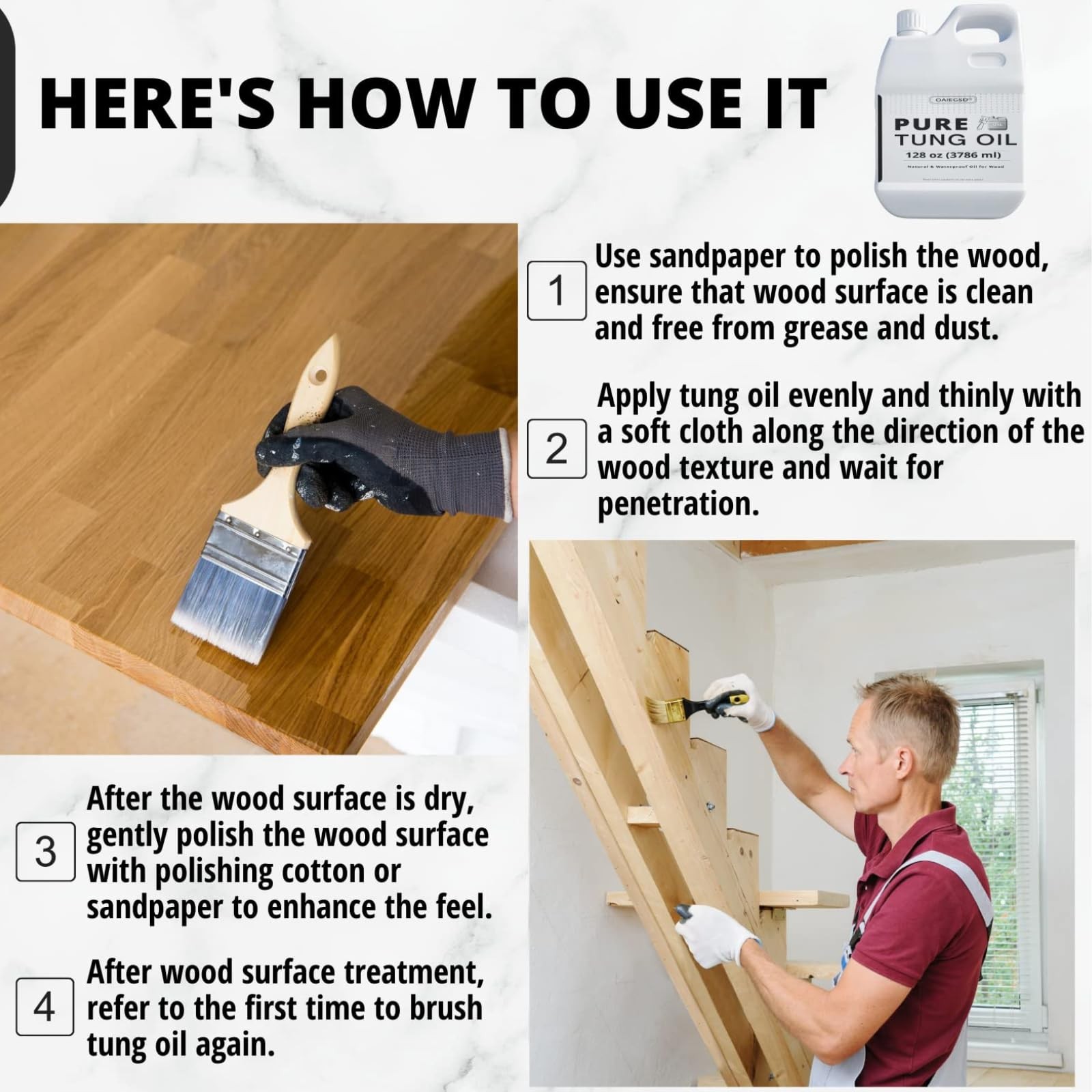 16 OZ Pure Tung Oil for Wood Finishing with Brush,Waterproof Sealer Indoor and